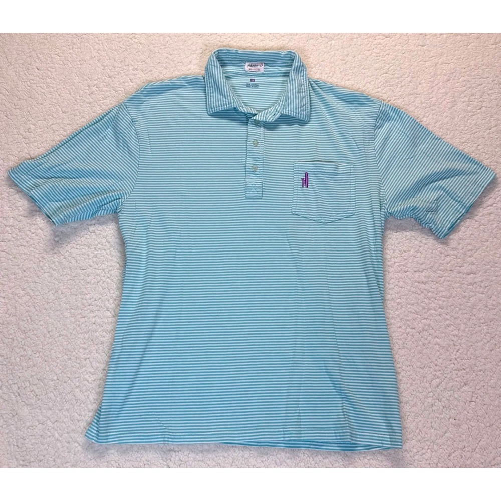 Johnnie-O Mens Medium Aqua Blue White Striped Cotton Polo Shirt Surfboard Logo
